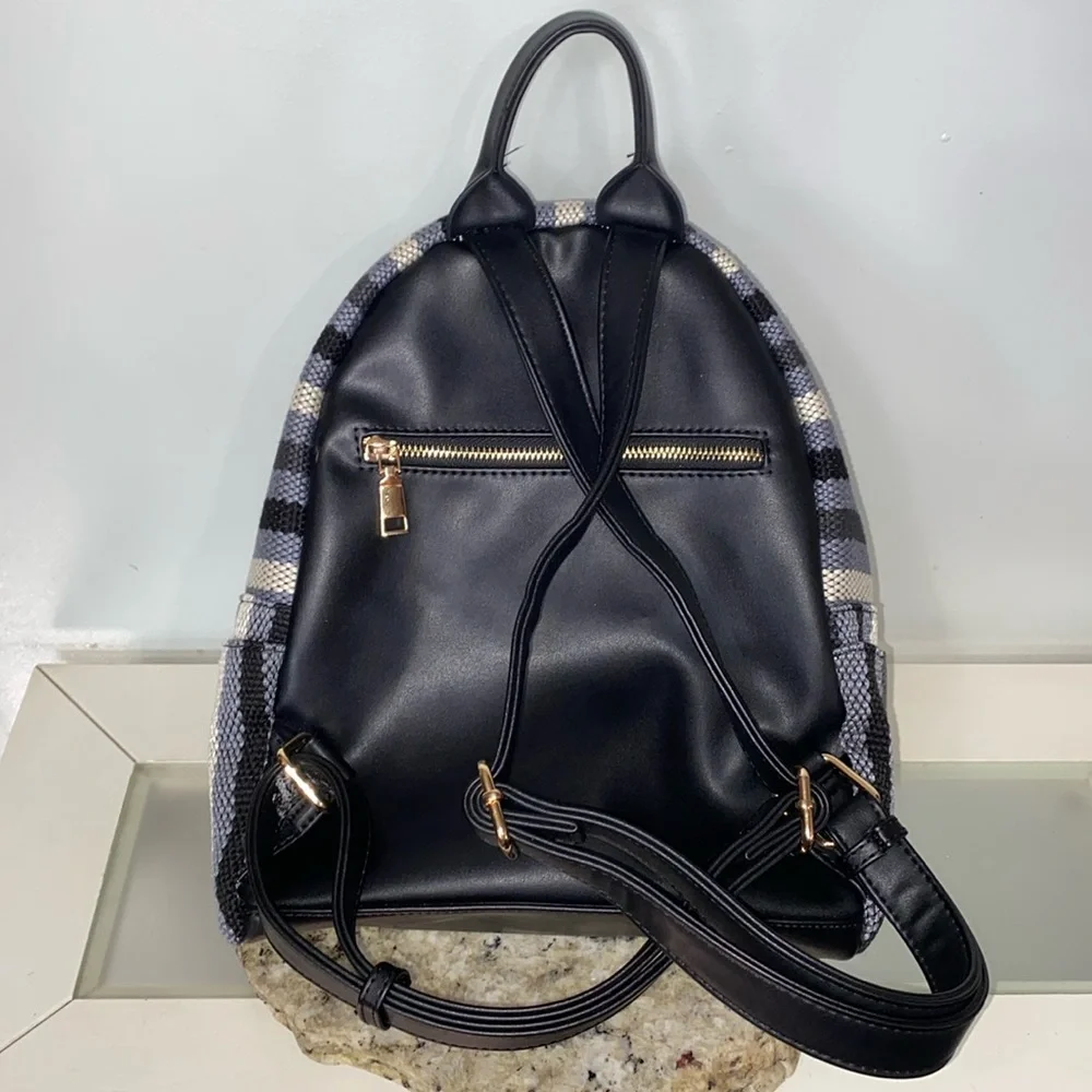 MODA Luxe Trent Backpack Blue Striped Patterned Fabric Faux Leather Travel Bag